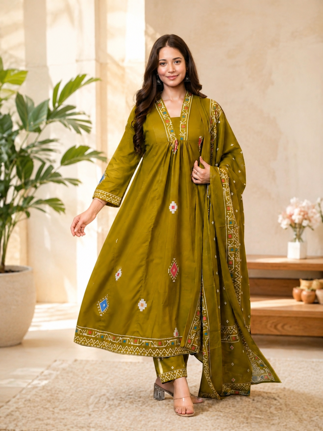 OLIVE_GREEN_PRINTED_RAYON_ANARKALI_KURTA_PANT_DUPATTA_SET