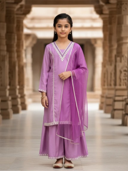 Girls silk blend straight kurta with flared sharara and dupatta