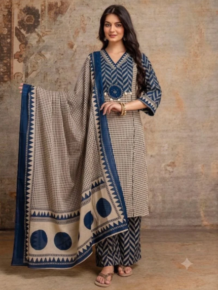 Navy Blue & Cream Chevron Print Cotton Kurti Pant Dupatta Set.