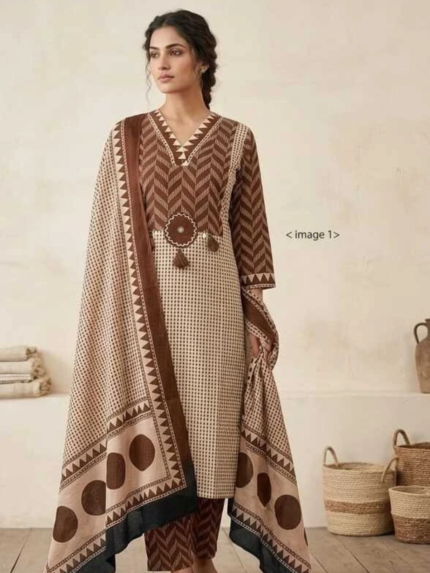 Chocolate Brown & Cream Chevron Print Cotton Kurti Pant Dupatta Set.