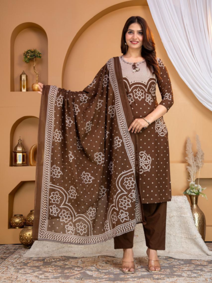 Brown Bandhani Printed Cotton Kurta Pant Dupatta Set for Women
