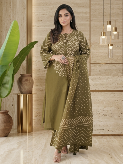 Olive Green Bandhej Printed Cotton Kurta Pant Dupatta Set for Women