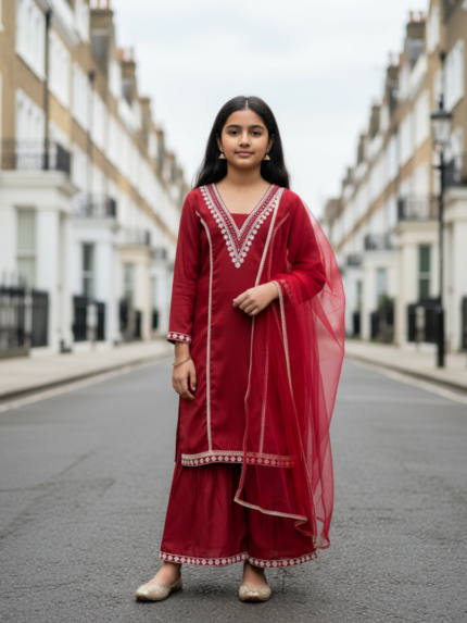 Girls' Crimson Red Embroidered Silk Kurta Sharara Set With Net Dupatta