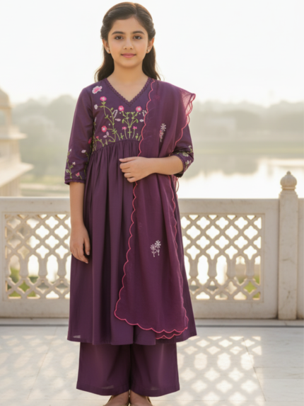 Girls' Deep Purple Floral Embroidered Anarkali Kurta Set With Scallop Border Dupatta