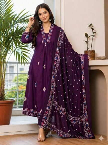 Plum Purple Printed Embroidered Cotton Kurta Pant Dupatta Set for Women