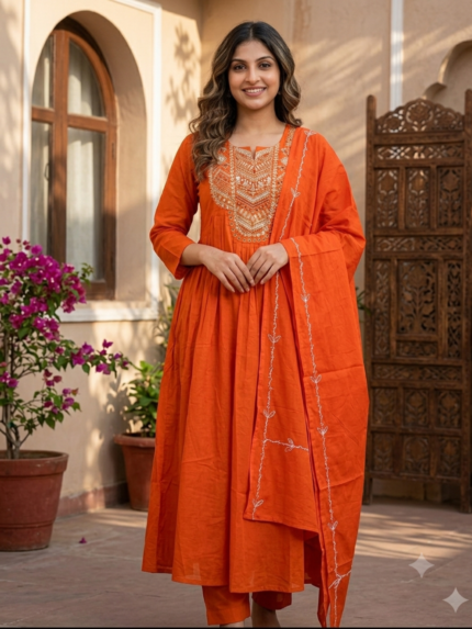 Orange Yoke Embroidered Kurta Pant Dupatta set
